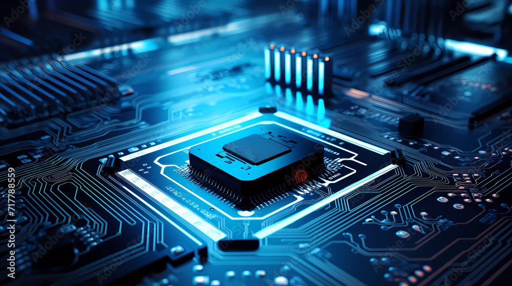 A lock on a circuit board with a blue light coming out of it and a circuit board in the background