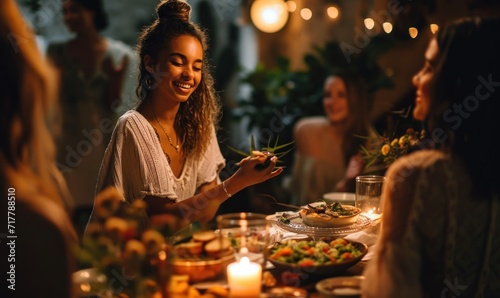A young woman warmly welcomes guests to her dinner party  embodying candid hospitality. The atmosphere is filled with social celebration as friends gather to enjoy a special  Generative AI