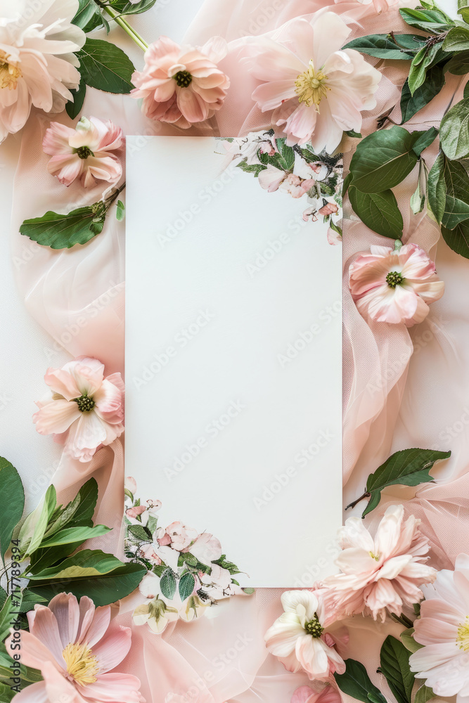 Overhead flat lay view of a blank white invitation stationery card with flowers Overhead flat lay view of a blank white invitation stationery card with flowers