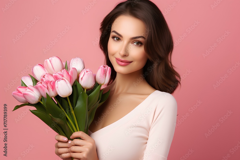 gorgeous young brunette woman holding bouquet of tulip flowers. Pink isolated background, copy space gorgeous young brunette woman holding bouquet of tulip flowers. Pink isolated background, copy space