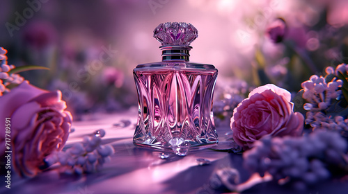 luxury glass or crystal perfume bottle with a rose cap, generative ai