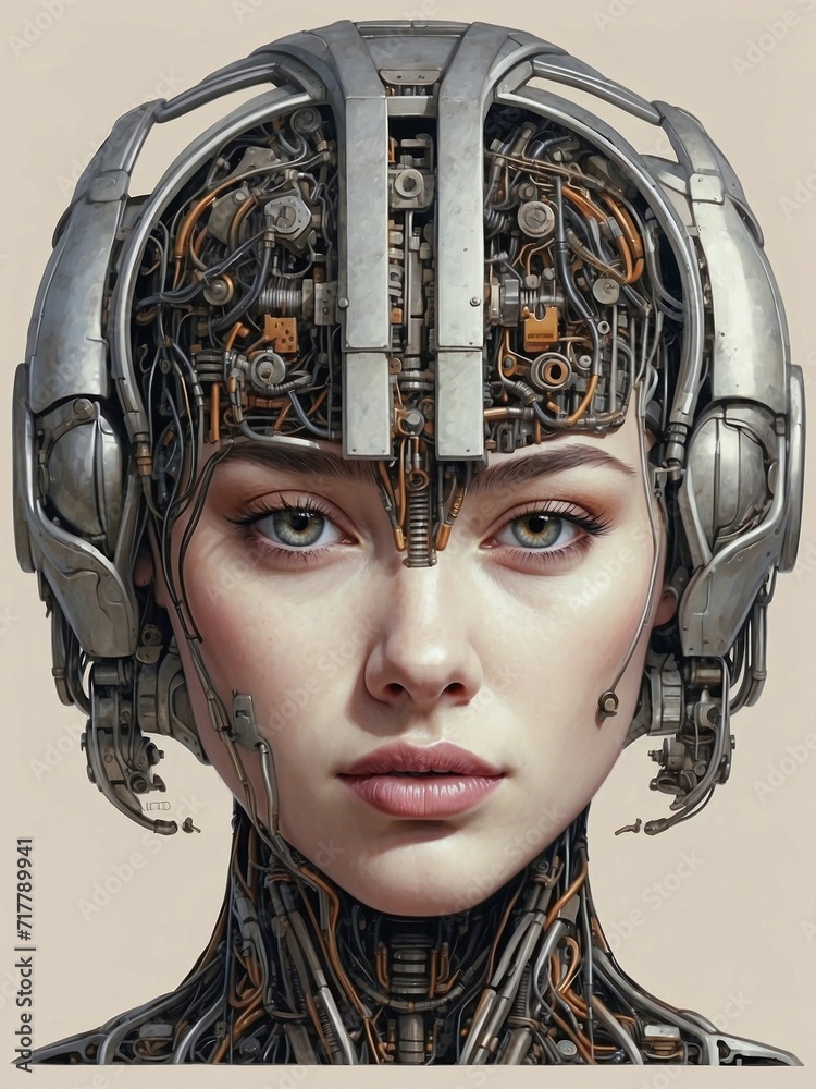 head of a beautiful cyborg woman with mechanical parts