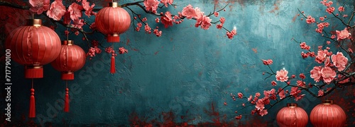 Chinese New Year Celebration: Red Flowers and Pink Lanterns Generative AI
