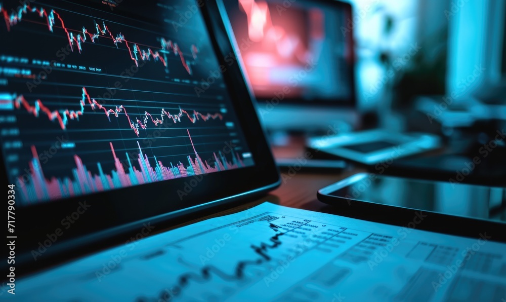 financial reports and charts showing the growth of Black Rock and Vanguard, selective focus, blured financial reports and charts showing the growth of Black Rock and Vanguard, selective focus, blured