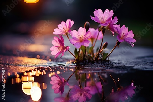 Reflections in Rain Puddles: Capture flowers with bokeh lights reflected in rain puddles.
