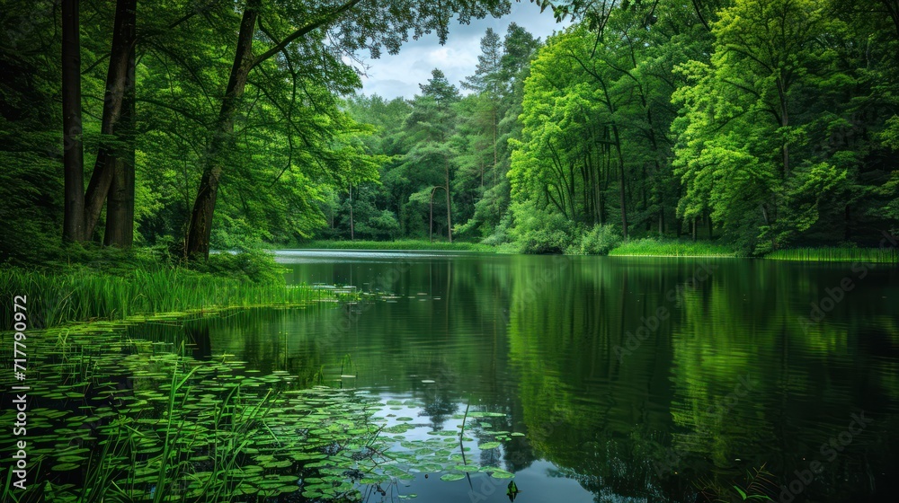Serene forest lake. A peaceful retreat where lush greenery meets the tranquil waters.