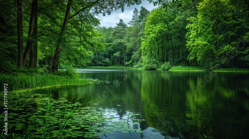Serene forest lake. A peaceful retreat where lush greenery meets the tranquil waters.