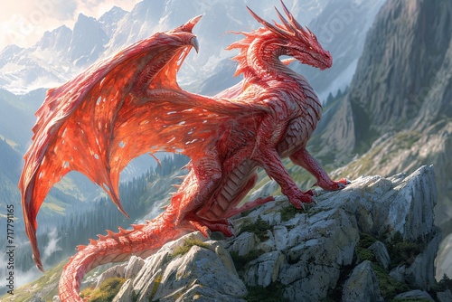 Red Dragon in the Mountains: A Fantasy Artwork for the Month of Love Generative AI