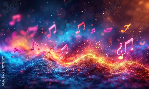 Abstract colorful musical background with notes, instruments. photo