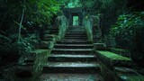 Stone staircase in jungle: A mysterious path unfolds as a stone staircase leads to a hidden doorway, ancient architecture. 
