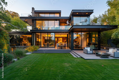 A contemporary home with a large glass front, lawn and a patio photo