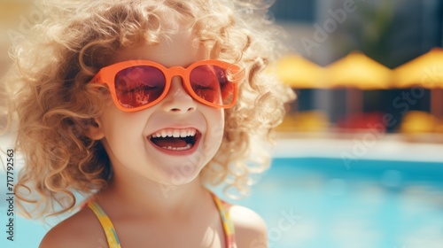 A happy smiling little girl in sunglasses by the pool in summer. A space for the text. Summer, vacations, traveling with children, recreation and entertainment concepts.