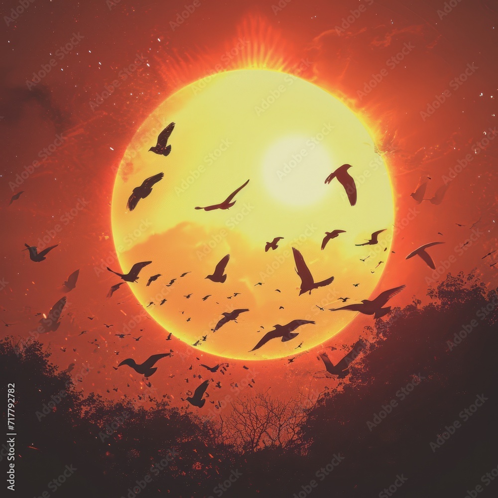 birds flying in the sky and the heat aura from the big sun in the background.