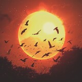 birds flying in the sky and the heat aura from the big sun in the background.