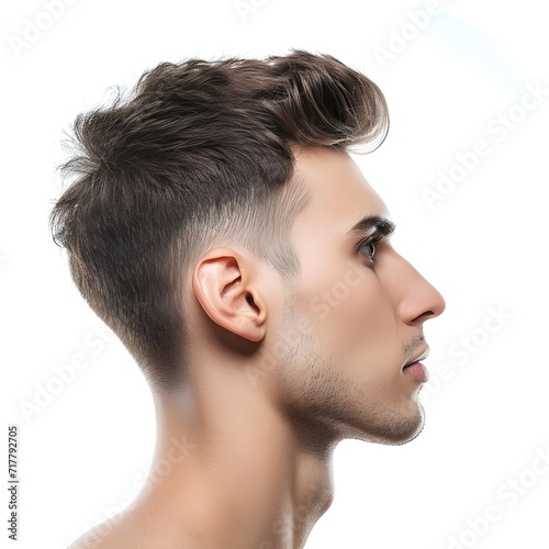 a male model with induction cut, side view isolated on white background