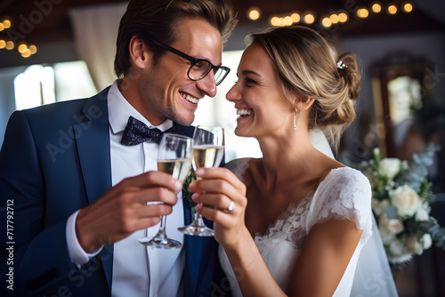 Bride and groom toasting with glasses of champagne on their wedding day