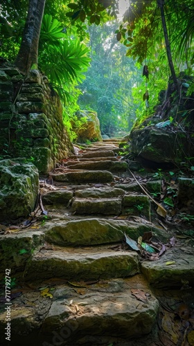 Stone staircase in jungle  A mysterious path unfolds as a stone staircase leads to a hidden doorway  ancient architecture. 