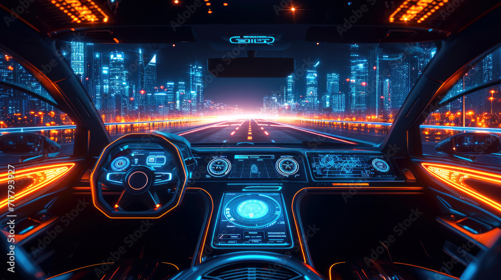 Technology of car dashboard autonomous futuristic view graphical user interface, futuristic model auto, smart auto car with ai, Internet of Things, at night