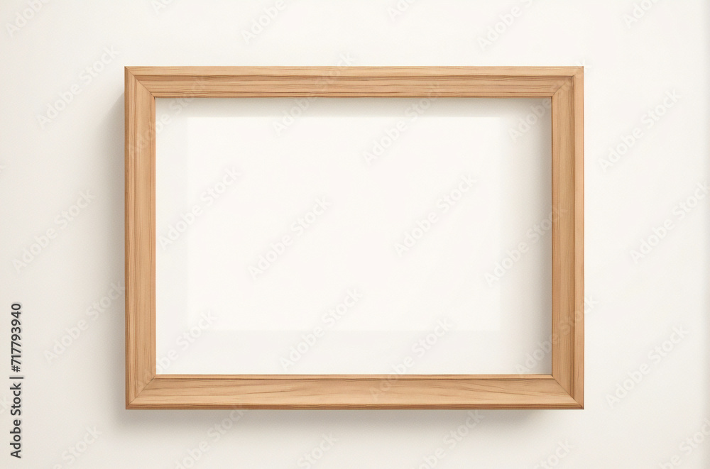 Marco vertical rectangular fino de madera clara colgado en una pared con textura blanca, plano, vista superior, ilustración 3D. Marco vertical rectangular fino de madera clara colgado en una pared con textura blanca, plano, vista superior, ilustración 3D.
