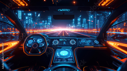 Technology of car dashboard autonomous futuristic view graphical user interface, futuristic model auto, smart auto car with ai, Internet of Things, at night © Intelligent Horizons