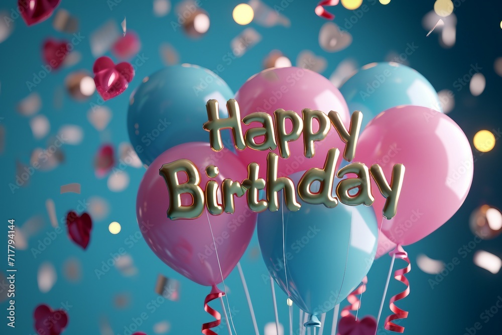 Happy Birthday Balloon Blue Background 3D Render Celebration Concept