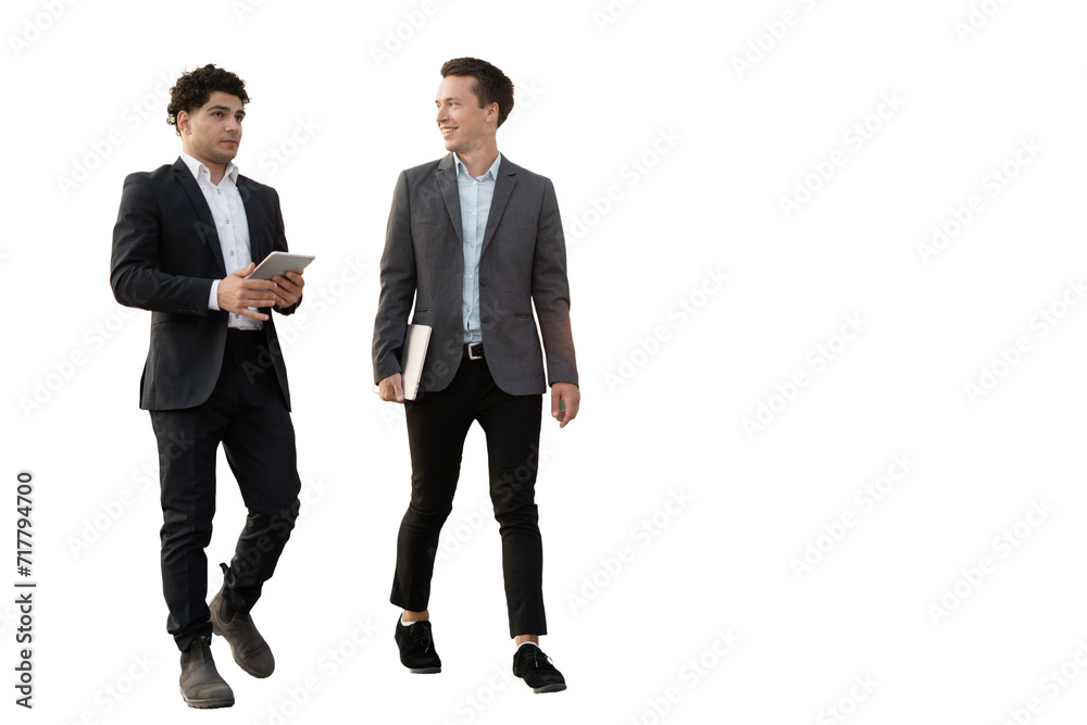 Two businessmen are talking to each other and their colleagues in the office. They are standing on a clear background. Two businessmen are talking to each other and their colleagues in the office. They are standing on a clear background.