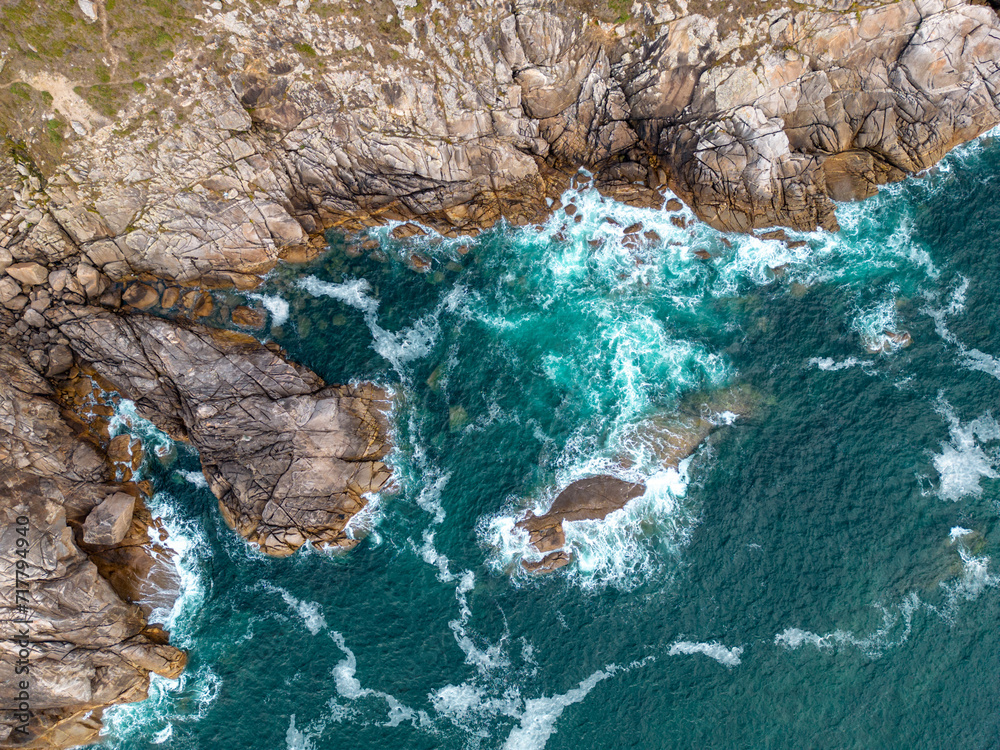 Aerial photography, waves beating in the sea of ​​Galicia, rough ocean, sea, blue.