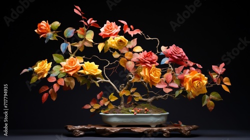 A composition capturing the seasonal transition of a Rose Bonsai, from the emergence of fresh spring buds to the rich colors of autumn foliage.