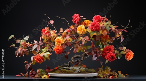 A composition capturing the seasonal transition of a Rose Bonsai, from the emergence of fresh spring buds to the rich colors of autumn foliage.