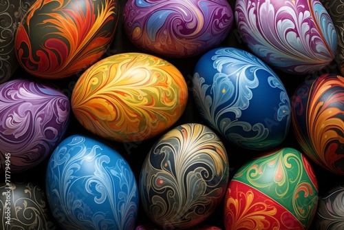 Easter background, colorful chicken eggs. vibrant swirling color. top view, close-up. illustration.