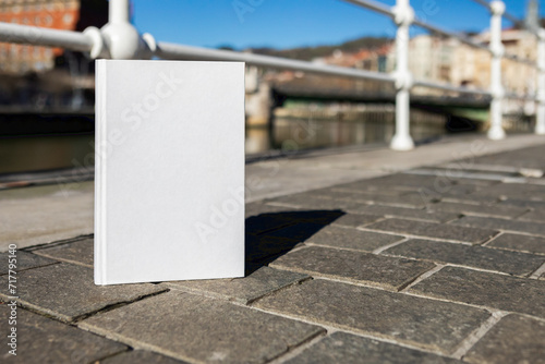 Book with a blank cover to be able to write text or change the cover perched next to the Bilbao estuary, in Spain photo