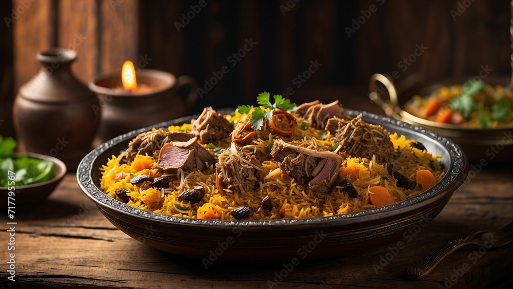 a sumptuous plate of traditional lamb biryani, delicately layered and garnished, captured from a captivating side view