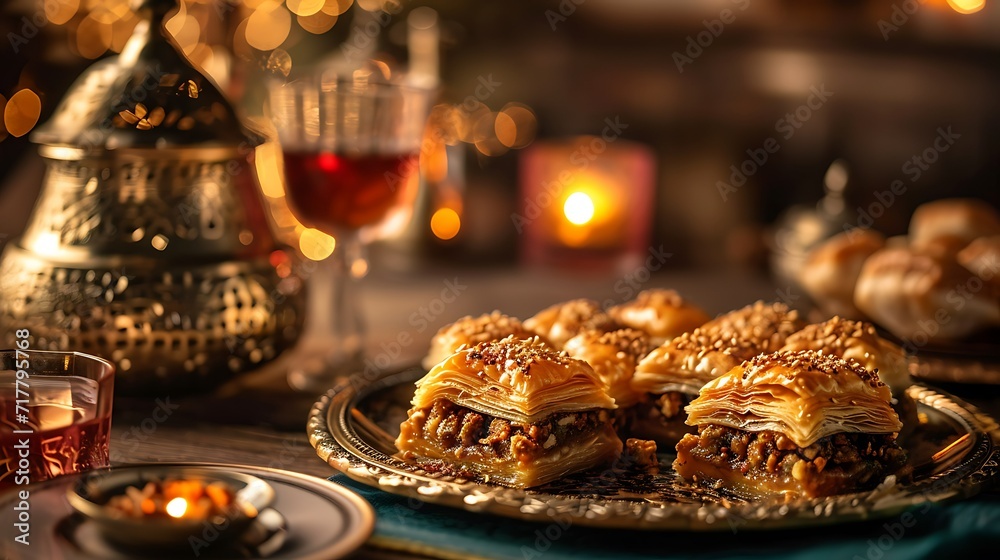 Ramadan muslim holiday background wallpaper design, food, sweets, cake, cookies, baklava, kunafa, Qatayef, halva, close up, sweet, sugar, eid al,  stock photo