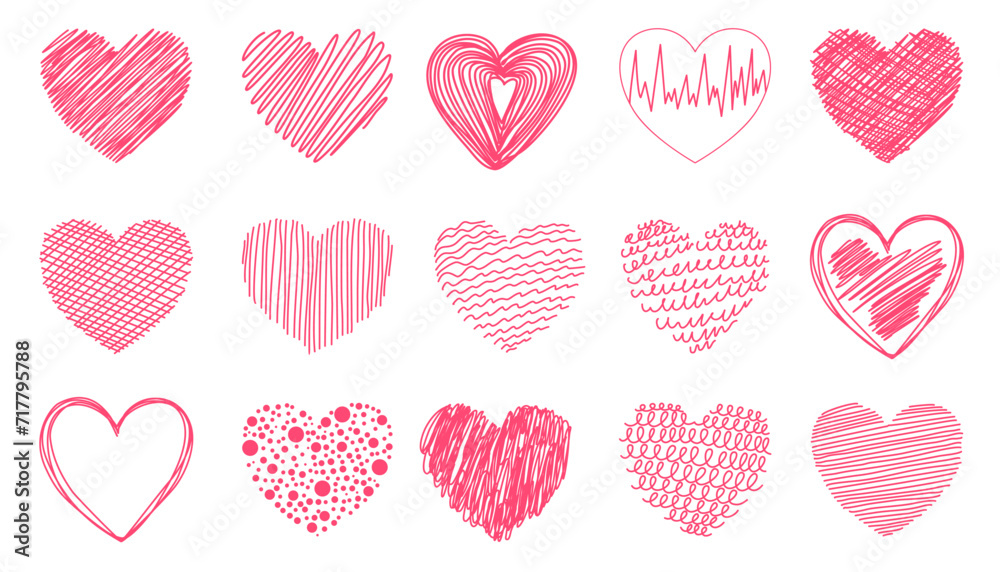 Pink heart set. Collection of heart icon hand drawn vector for love logo, heart symbol, doodle icon, greeting card and Valentine's day. Painted grunge vector shape - obrazy, fototapety, plakaty 