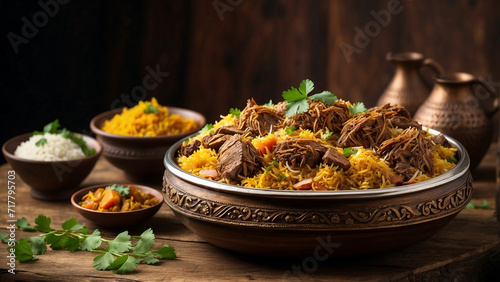 a sumptuous plate of traditional lamb biryani, delicately layered and garnished, captured from a captivating side view