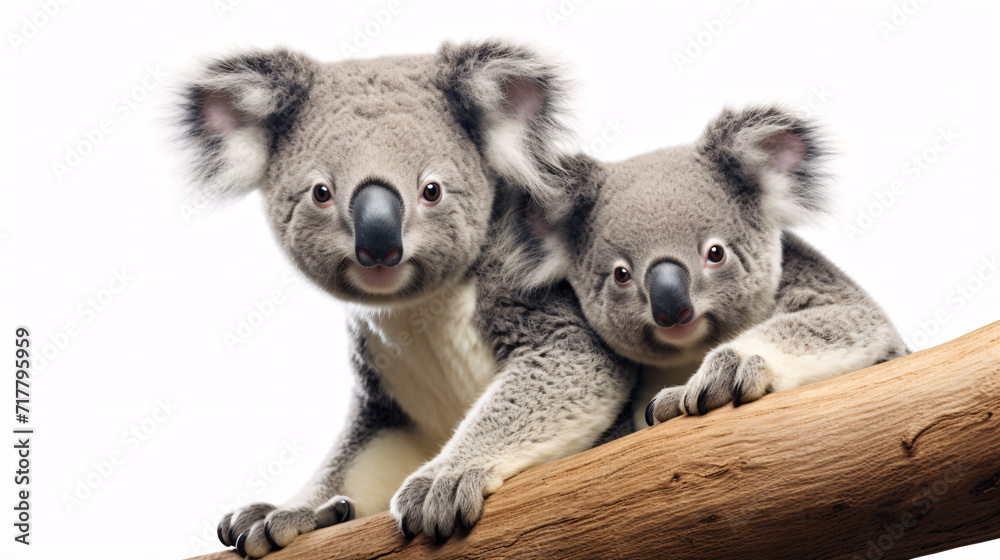 Obraz premium two koala bears on a branch isolated on a white background.