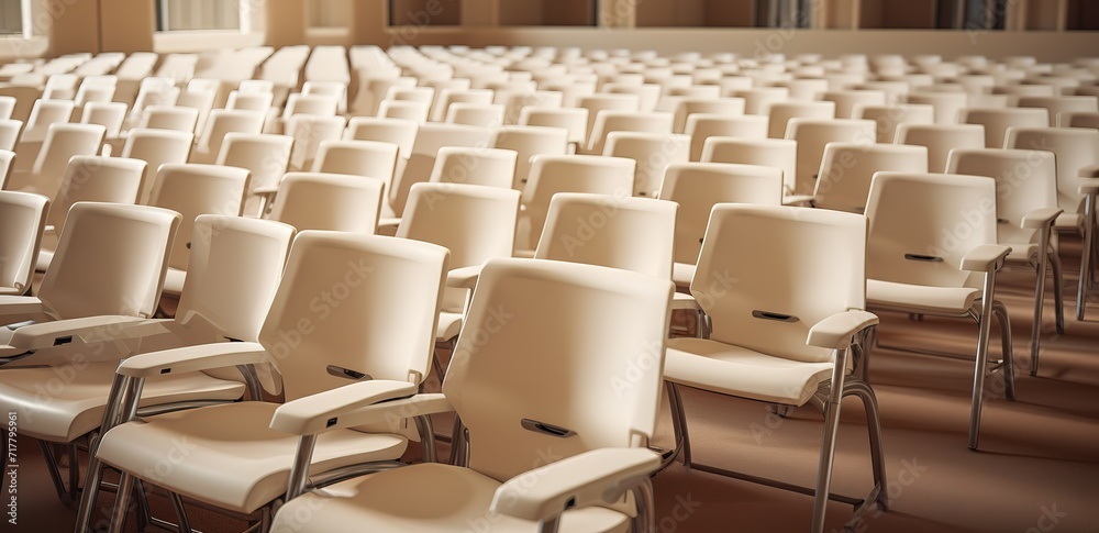 Naklejka premium Rows of light brown chairs in an empty room. generative AI
