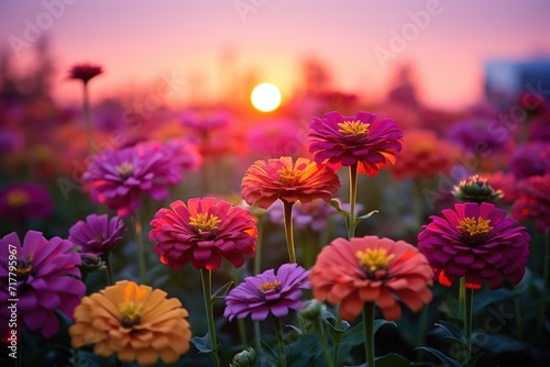 Zenith of Zinnias  Showcase the vibrant colors of zinnias against a twilight sky with bokeh lights.