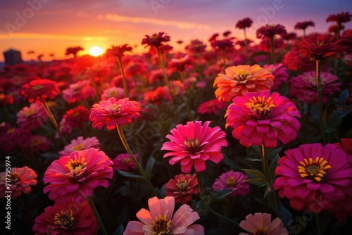 Zenith of Zinnias: Showcase the vibrant colors of zinnias against a twilight sky with bokeh lights. © ToonArt