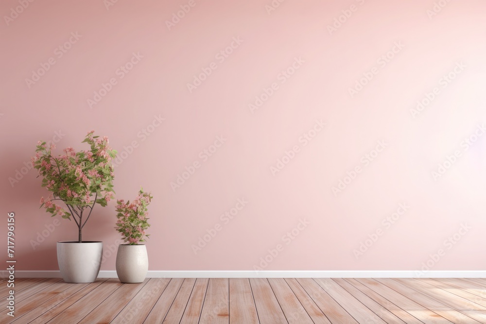 Soft pastel pink wall with two potted flowers, warm and romantic atmosphere, Valentine's Day, free space for text