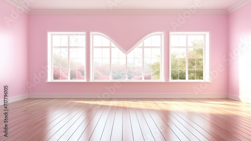 Soft pastel pink wall with panoramic windows, warm and romantic atmosphere, Valentine's Day, free space for text