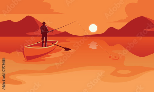 fishing with rod at sunrise, fishermen job lake, fisherman work boat, recent vector landscape illustration of fishing hobby photo