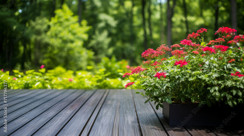 Bright summer red flowers on sunny wooden terrace. Copy space.