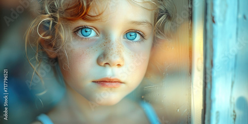 a boy with blue eyes looking out the window