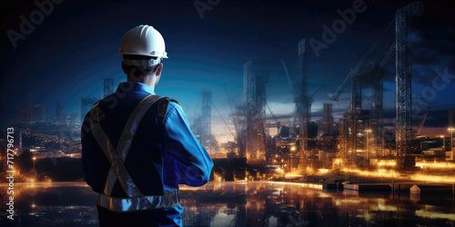  A construction worker in a reflective vest and helmet observes a busy industrial site at night, with glowing lights and cranes in the background.