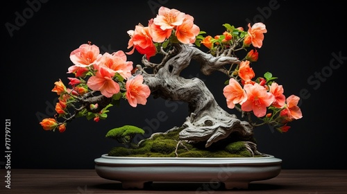 A creative composition featuring a Hibiscus Bonsai in a bonsai pot, surrounded by carefully arranged decorative elements that enhance its aesthetic appeal.