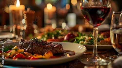 A plate of food and a wine glass on a table, with a variety of food, a steak. photo
