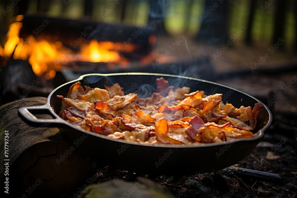 Forest cooking. scrumptious breakfast of bacon and eggs in cast iron skillet, perfect campfire meal Forest cooking. scrumptious breakfast of bacon and eggs in cast iron skillet, perfect campfire meal