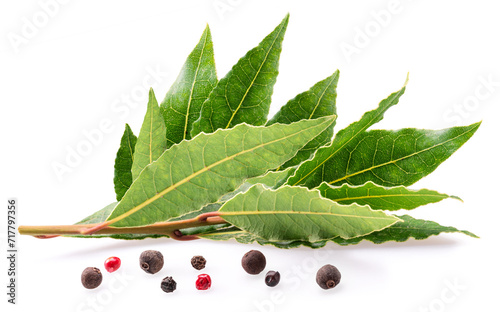 Fresh bay leaves with peppercorns isolated on white background.
