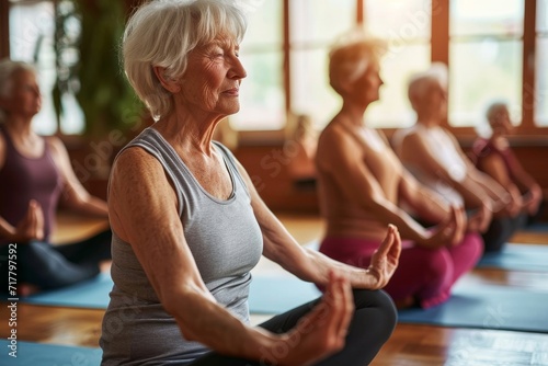 A candid, authentic glimpse of a group of seniors engaged in a yoga class, embodying an active retirement lifestyle through mindfulness and wellness, Generative AI
